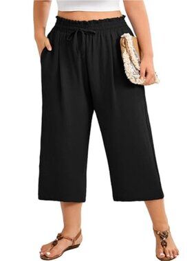 Plus Size Wide Leg Capri Pants with Pockets High Waisted Drawstring Summer